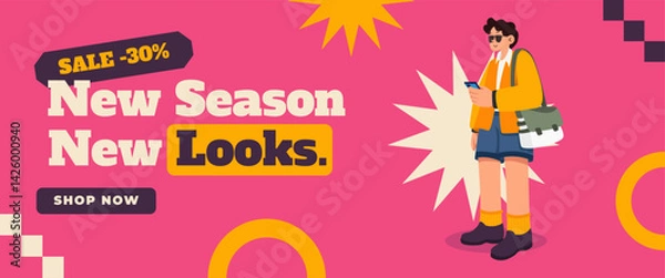 Obraz Sale Shopping Retro Typography Slide. Bright and trendy sale banner with bold typography, cartoon character, and geometric shapes. Promotes fashion with a playful retro vibe and 30% discount.