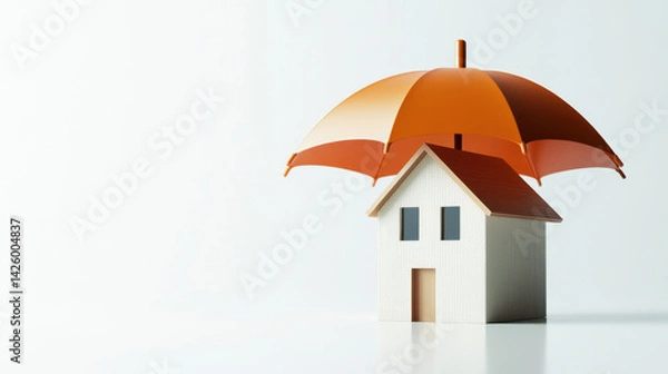 Obraz small house model is protected by large orange umbrella, symbolizing safety and security. minimalist design emphasizes concept of shelter and protection in modern setting