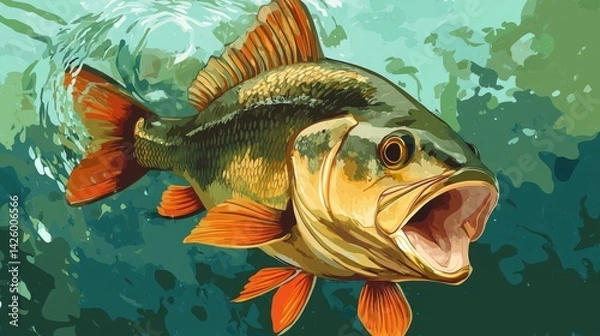 Obraz Colorful Illustration of a Freshwater Perch Underwater with Vibrant Fins and Open Mouth