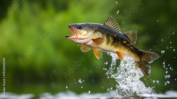 Obraz Dynamic Shot of a Freshwater Perch Jumping from the Water in Natural Surroundings With Blurred Green Background.