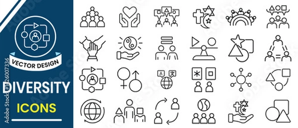 Fototapeta Diversity icon set. Diversity line icon vector symbol collection. Containing equality, human rights, ethnicity icons,  difference, belonging, languages, tolerance icon. Linear icon illustration. 