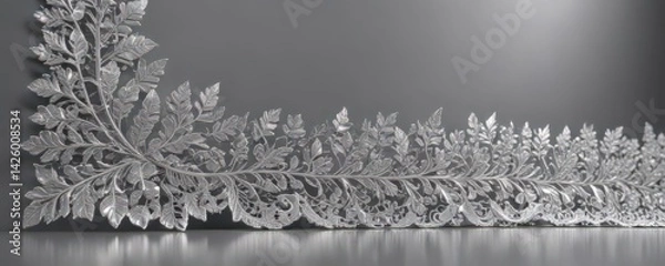 Fototapeta Shimmering metallic background adorned with elegant silver leaf lace border , festive, leaves