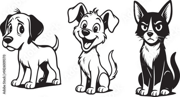 Obraz Pack of 3 Unique Full Body Vector Cartoon Dogs in Distinct Art Styles on White Background editable colors