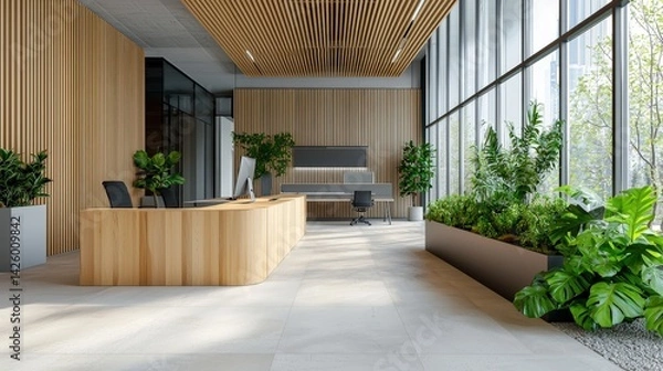 Obraz A modern and bright office reception area features a sleek wooden reception desk surrounded by lush potted plants and large showcasing a vibrant city view.