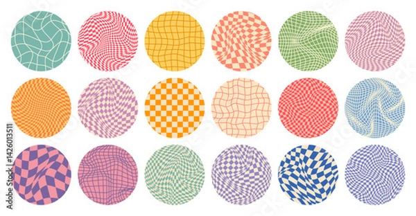 Fototapeta Groovy checkered pattern, round colorful tiled grid. Vintage wavy curved backdrop, distortion effect. Funky geometric chessboard texture, retro background in 90s style, y2k. Vector illustration