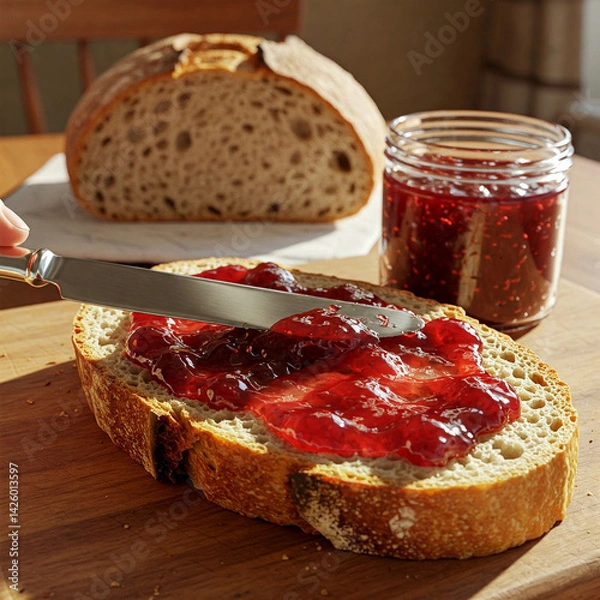 Fototapeta Erdbeermarmelade wird auf eine frische Scheibe Brot geschmiert
