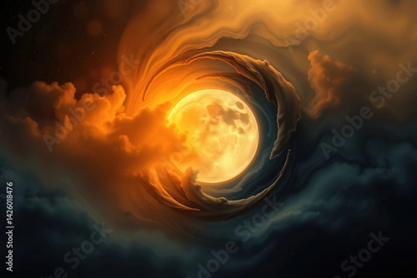 Fototapeta Moon surrounded by clouds in the dark night sky, balance and harmony in nature.