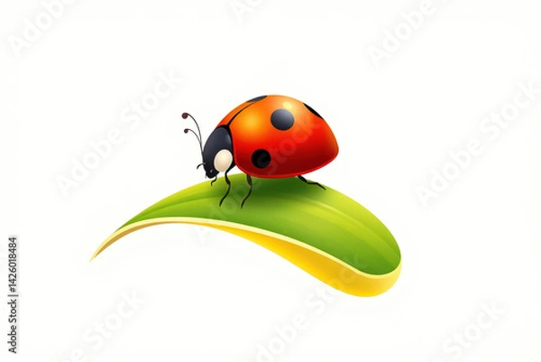 Fototapeta  illustration of a red ladybug with black spots resting peacefully on a fresh green leaf. The detailed design captures the elegance and simplicity of nature.
