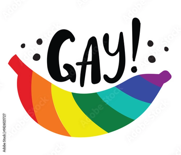 Fototapeta Doodle style text with colorful pride flag banana. A poster, a badge or a sticker for self acceptance. Hand drawn isolated vector illustration.