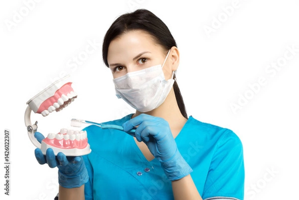 Fototapeta Dentist with tools. The concept of dentistry, whitening, oral hygiene, teeth cleaning with toothbrush and floss. Dentistry, taking care of a beautiful and healthy smile. . Stomatology