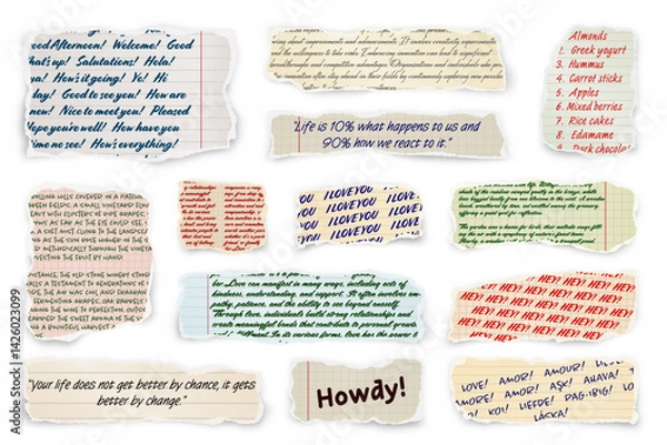 Fototapeta Ripped paper strips with handwritten text. Realistic crumpled paper scraps with torn edges. Shreds of notebook, book or old newspaper pages. Trendy collage elements. Vector illustration