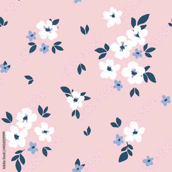 Fototapeta Seamless floral pattern, cute ditsy print with simple hand drawn flowers. Delicate botanical design of small plants, pretty bouquets with tiny flowers, leaves on pink background. Vector illustration.