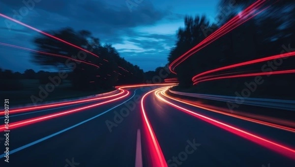 Fototapeta Nighttime car light trails on a curved asphalt highway captured with long exposure