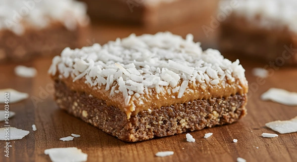 Fototapeta Delicious Homemade Coconut Caramel Bar On A Rustic Wooden Surface