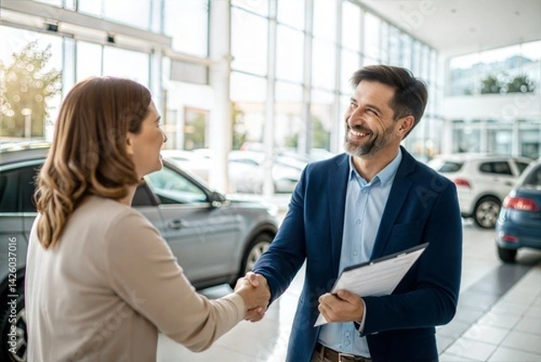 Fototapeta Smiling car salesperson shaking hands with a customer, finalizing a purchase agreement in a dealership showroom. (People)