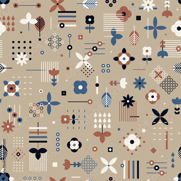 Fototapeta Brown Scandinavian Modern Summer Seamless Pattern, Minimalist Geometric Flowers with Dots and Stripes, Vector Background 