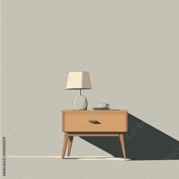 Fototapeta Minimalist wooden side table with lamp and cup in soft light