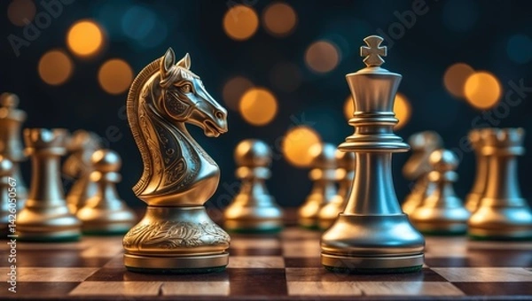 Fototapeta Chess pieces arranged on a board with a background emphasizing business and strategy themes