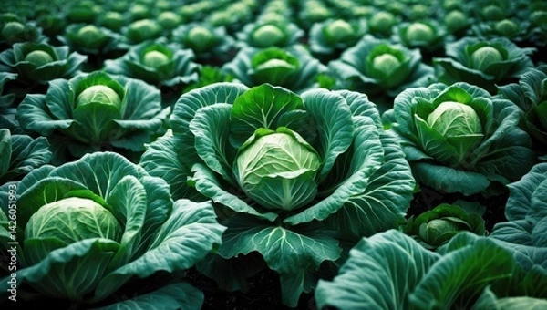 Fototapeta Cultivating cabbage in the field