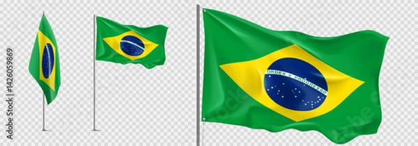 Obraz Set of realistic Brazilian flags. Flags of Brazil isolated on checkered background. 3d templates of flags for decoration Brazilian events, holidays. Vector illustration.