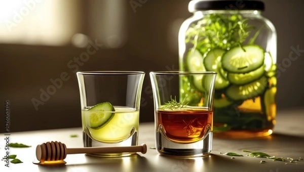 Fototapeta Pickleback: a cucumber pickle and whiskey alcoholic cocktail