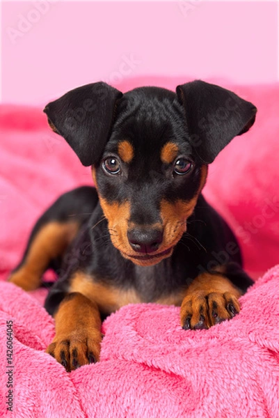 Fototapeta Cute pinscher puppy lying on a pink blanket