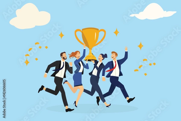 Obraz Team success achievement, winning trophy award together, celebrate team effort collaboration, teamwork motivation, ambition concept, business people colleague celebrate award winning trophy together