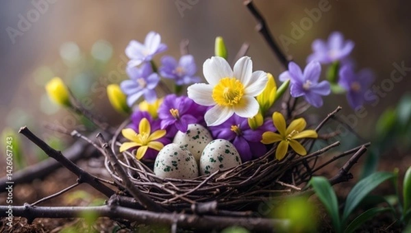 Fototapeta A charming nest made of twigs contains spring flowers and speckled eggs, showcasing the vibrant colors of blooming nature in a peaceful garden.