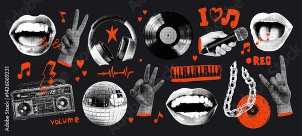 Fototapeta Retro music karaoke halftone collage with vinyl, microphone, headphones, eye, hands, and musical symbols doodle scribbles collection. Trendy modern retro vector illustration.