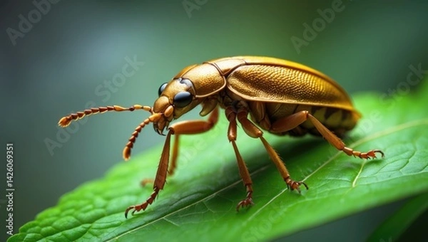 Fototapeta Magnified image of a lively insect resting on a bright green plant leaf