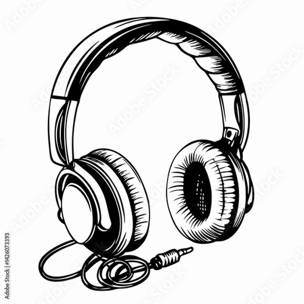 Fototapeta Stylish headphones illustrated in black and white, representing music enjoyment, audio quality, and artistic expression in digital design.