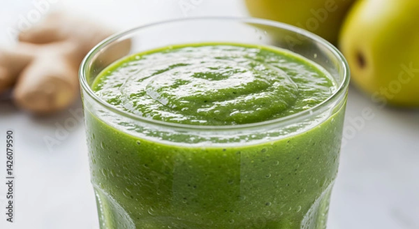 Fototapeta Refreshing Green Smoothie With Ginger And Apples For Health Benefits