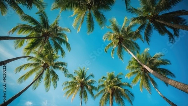 Fototapeta Coconut palm trees in a tropical setting with a clear blue sky overhead