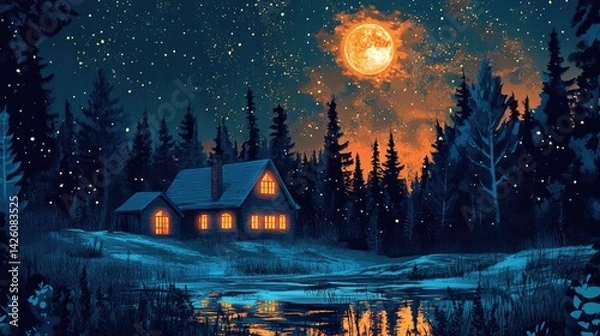 Obraz Vector night winter landscape with house and forest background