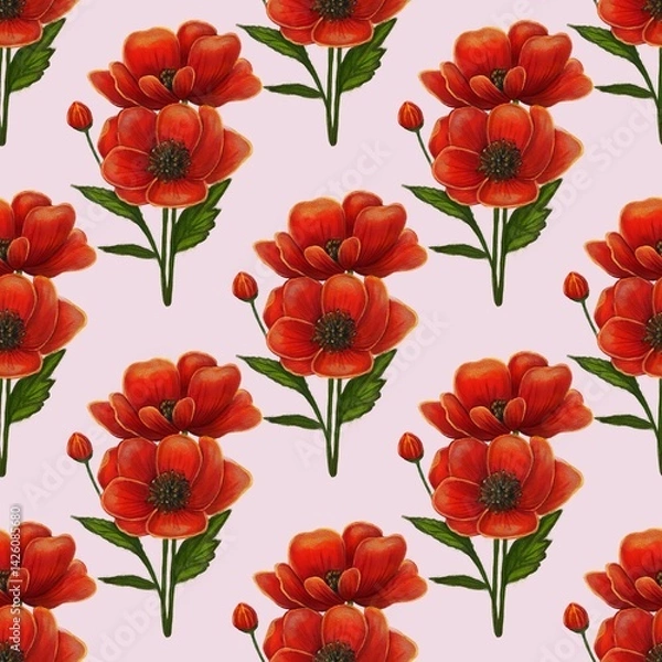 Obraz A seamless pattern featuring vibrant red flowers with green leaves on a soft pink background. The flowers are detailed and arranged in a repeating design, creating a cheerful and lively atmosphere.