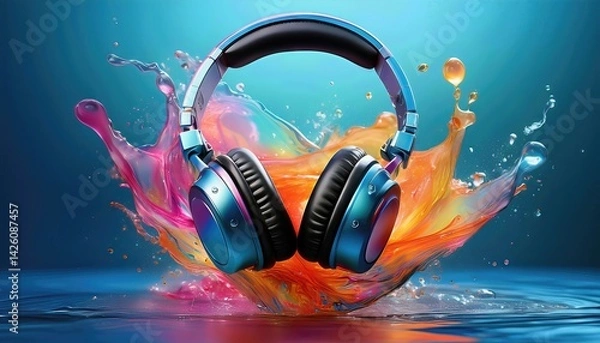 Fototapeta Vibrant Colorful Ink Drop Headphones in a Water Background A Whimsical Exploration of Sound and Artistry, Evoking Emotion with its Striking Hues and Textures.