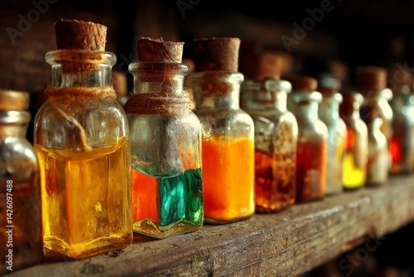Fototapeta Colorful glass bottles filled with vibrant liquids on wooden shelf in rustic setting