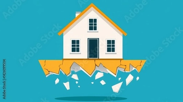 Fototapeta Housing crisis impact economic. A house is depicted floating above a cracked surface, symbolizing instability or a potential disaster in a minimalist, colorful design.