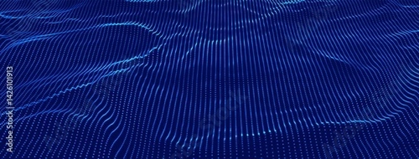 Fototapeta Dynamic wave of glowing dots. Futuristic dot wave of bright particles. Weave effect. Futuristic background for presentation design. 3d rendering.