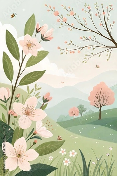Fototapeta A picturesque spring landscape showcases delicate flowers blooming amidst lush greenery and gentle hills while bees buzz busily among the blossoms. Generative AI.