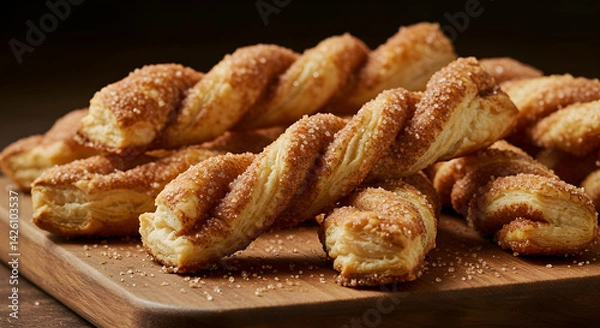 Fototapeta Golden Cinnamon Twists Displayed On Rustic Wooden Cutting Board Surface