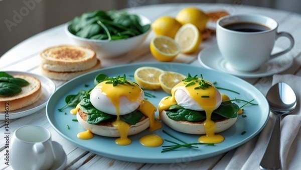 Obraz Eggs Florentine with English muffins, spinach, poached eggs, and Mornay sauce served with chive herbs and lemon on a white wooden table with coffee.