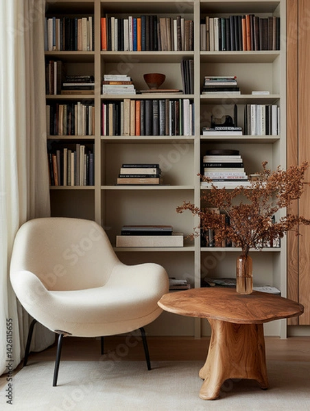 Obraz Bookshelf in warm tones with soft depth, intellectual and cozy feel 