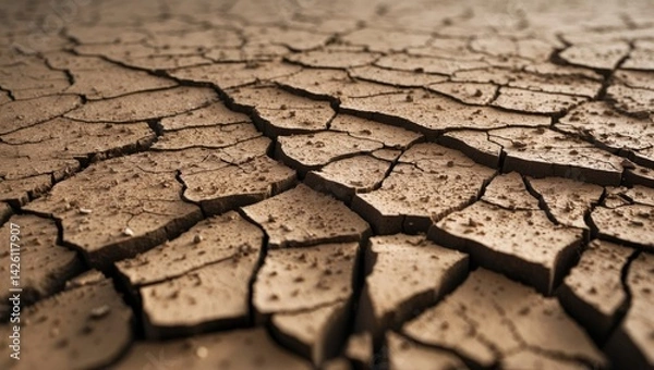 Fototapeta Cracked ground from a top view symbolizing drought and decay for background or graphic design