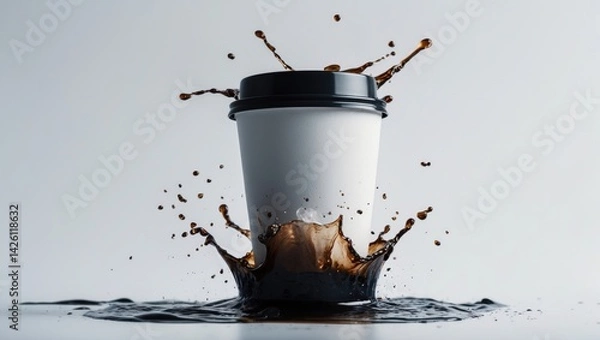 Obraz Disposable paper cup with splashing hot coffee and plastic lid