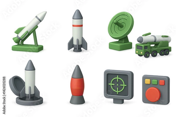 Fototapeta Rocket and missile 3d icons set - military and space equipment symbols for defense and exploration: rocket launcher, guided missile, radar, missile truck, control panel