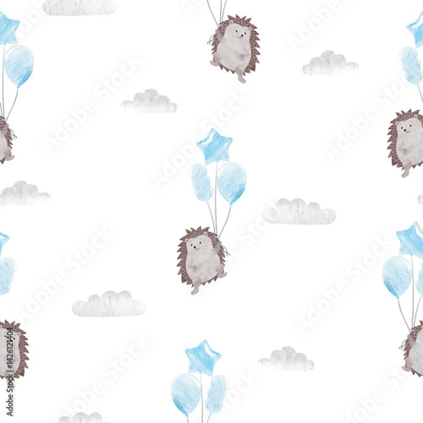Fototapeta Seamless pattern with cute hedgehog and balloons. Vector cartoon illustration