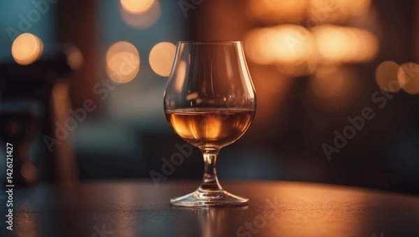 Obraz Elegant whiskey glass amidst cozy bar atmosphere with warm lighting and blurred background