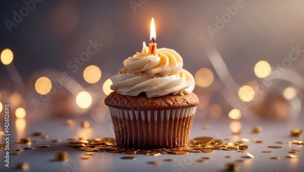 Fototapeta Festive Happy Birthday Greeting Card Featuring a Sweet Cupcake with a Burning Candle