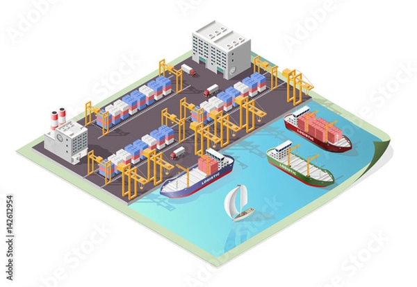Fototapeta Set of Isolated High Quality Isometric City Elements . Harbor with Shadows on White Background